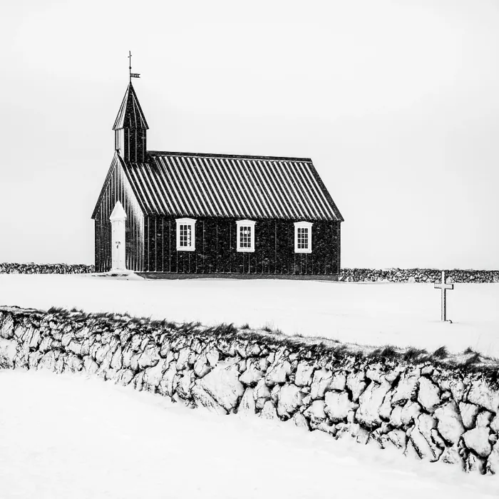 Framed Print : The famous black church at Budir, during a blizzard, Snaefellsnes Peninsula, West Iceland Framed Print : The famous black church at Budir, during a blizzard, Snaefellsnes Peninsula, West Iceland