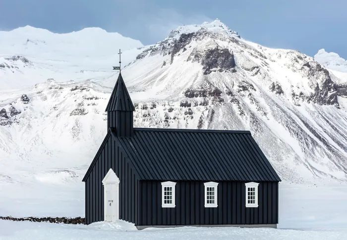 Framed Print : The famous black wooden church at Budir with snow-covered mountains behind, Snaefellsnes Peninsula, West Iceland Framed Print : The famous black wooden church at Budir with snow-covered mountains behind, Snaefellsnes Peninsula, West Iceland