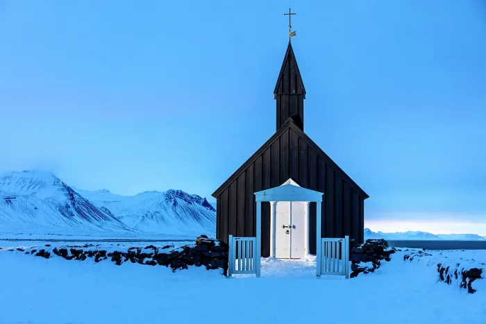 Framed Print : The famous black wooden church at Budir in winter, at dawn, Snaefellsnes Peninsula, West Iceland Framed Print : The famous black wooden church at Budir in winter, at dawn, Snaefellsnes Peninsula, West Iceland