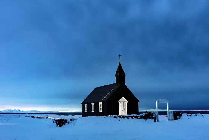 Framed Print : The famous black wooden church at Budir in winter, at dawn, Snaefellsnes Peninsula, West Iceland Framed Print : The famous black wooden church at Budir in winter, at dawn, Snaefellsnes Peninsula, West Iceland