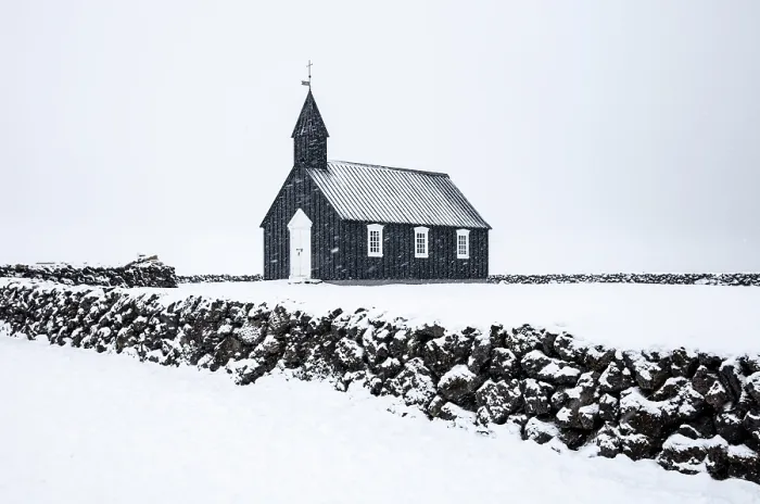 Framed Print : The famous black wooden church at Budir in a winter blizzard, Snaefellsnes Peninsula, West Iceland Framed Print : The famous black wooden church at Budir in a winter blizzard, Snaefellsnes Peninsula, West Iceland