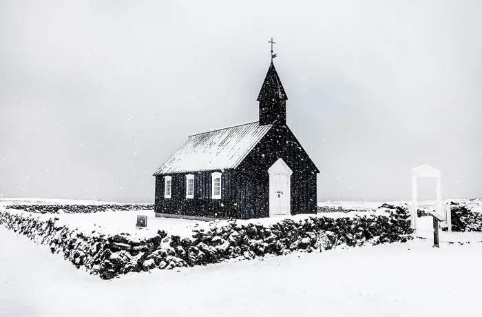 Framed Print : The famous black wooden church at Budir in a winter blizzard, Snaefellsnes Peninsula, West Iceland Framed Print : The famous black wooden church at Budir in a winter blizzard, Snaefellsnes Peninsula, West Iceland