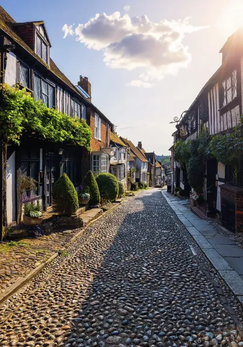 Framed Print : The famous Mermaid Street of Rye and its houses at sunset, Rye, Rother, East Sussex, England, United Kingdom