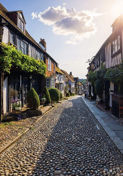 The famous Mermaid Street of Rye and its houses at sunset, Rye, Rother, East Sussex, England, United Kingdom