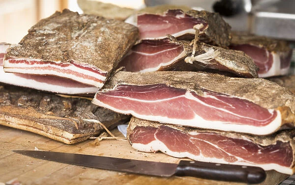 a detail of the famous Speck, a typical south tyrolean food, Bolzano province, South