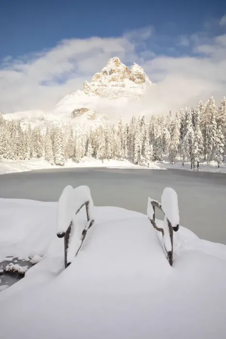 Framed Print : a famous Tre Cime of Lavaredo seen from the Antorno lake in winter time, Dolomiti Framed Print : a famous Tre Cime of Lavaredo seen from the Antorno lake in winter time, Dolomiti