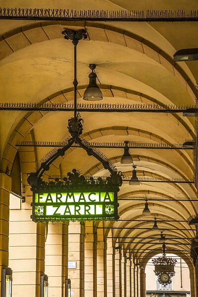 Farmacia Zarri sign, Covered passageway  /  Portico, Bologna, Emilia-Romagna, Italy
