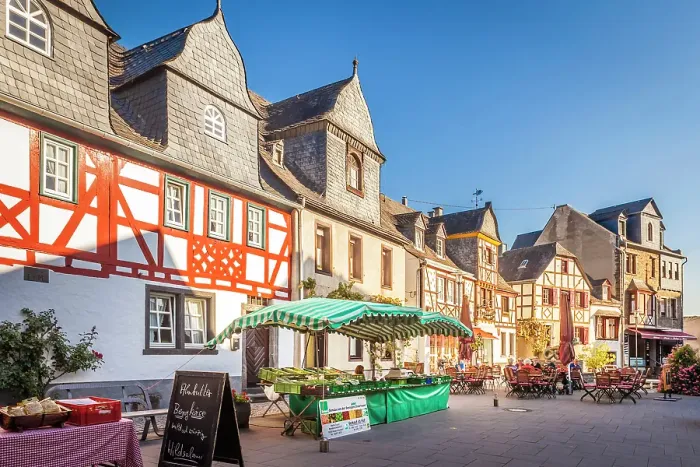 Framed Print : Farmers` market at the market square of Kobern-Gondorf, Mosel, Rhineland-Palatinate, Germany Framed Print : Farmers` market at the market square of Kobern-Gondorf, Mosel, Rhineland-Palatinate, Germany