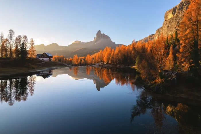 Framed Print : Federa lake Aerial view in autumn, Belluno province, Cortina d'ampezzo, Veneto district in Italy