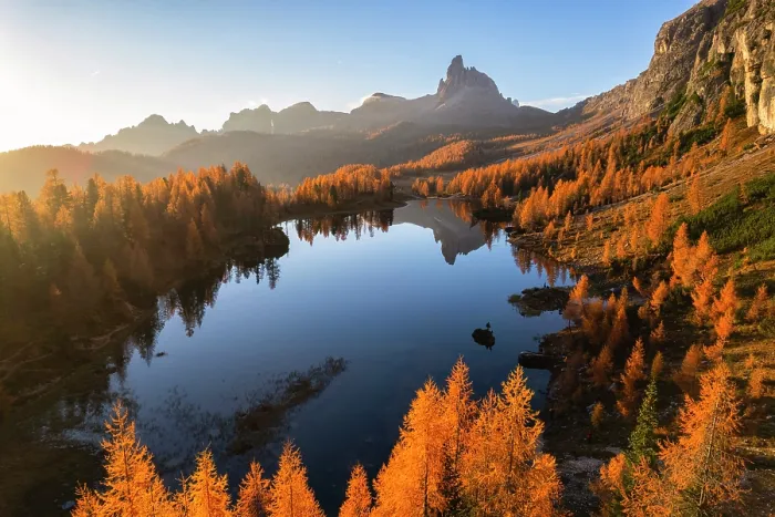 Framed Print : Federa lake Aerial view in autumn, Belluno province, Cortina d'ampezzo, Veneto district in Italy Framed Print : Federa lake Aerial view in autumn, Belluno province, Cortina d'ampezzo, Veneto district in Italy