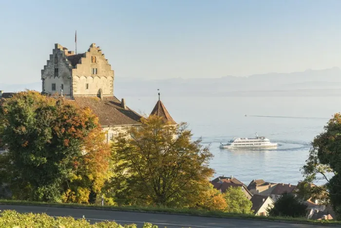Framed Print : Ferry-boat cruising on Lake Constance. and the Old castle. Meersburg, Baden-Wurttemberg, Germany Framed Print : Ferry-boat cruising on Lake Constance. and the Old castle. Meersburg, Baden-Wurttemberg, Germany