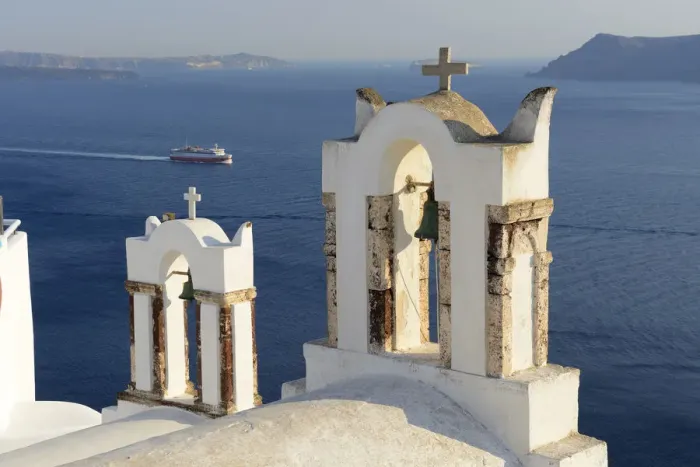 Framed Print : Ferry and church in Oia, Santorini, Kyclades, South Aegean, Greece, Europe Framed Print : Ferry and church in Oia, Santorini, Kyclades, South Aegean, Greece, Europe