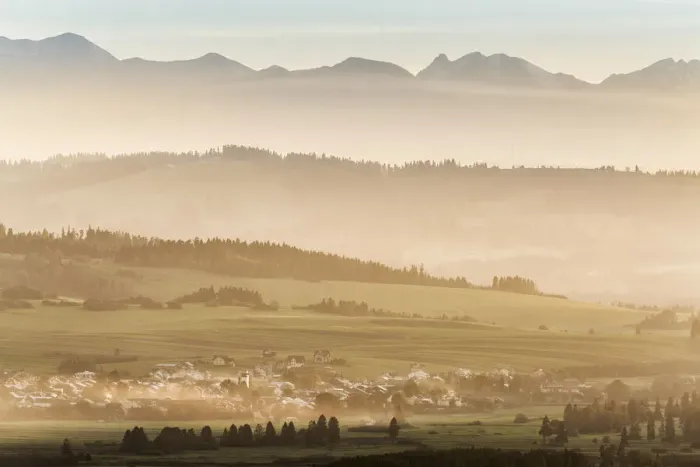 Framed Print : Field patterns wiht the Tatra mountains in the distance, Poland Framed Print : Field patterns wiht the Tatra mountains in the distance, Poland