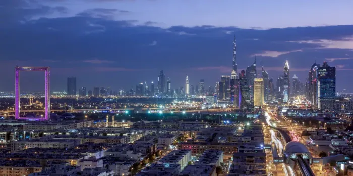 Framed Print : Financial Centre and Downtown at dusk, elevated view, Dubai, United Arab Emirates