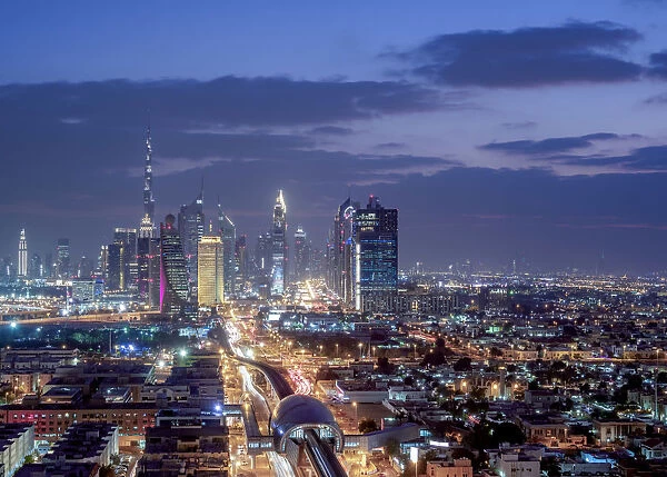Financial Centre and Downtown at dusk, elevated view, Dubai, United Arab Emirates
