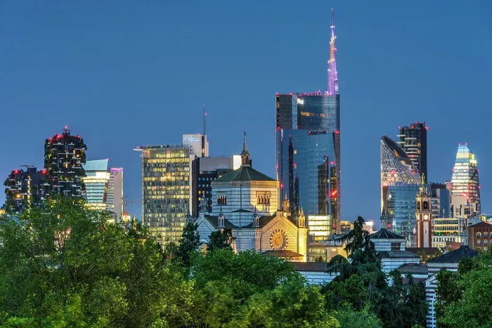 Framed Print : Financial district skyline by night, Milan, Lombardy, Italy Framed Print : Financial district skyline by night, Milan, Lombardy, Italy