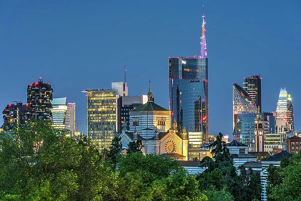 Financial district skyline by night, Milan, Lombardy, Italy