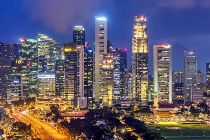 Framed Print : Financial district skyline by night, Singapore Framed Print : Financial district skyline by night, Singapore