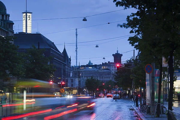 Finland, Helsinki, evening traffic on Mannerheimintie Street