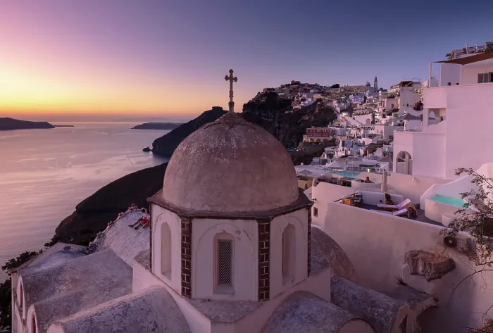 Framed Print : Fira at dusk, with an old domed church in the foreground, Fira, Santorini, Cyclades Islands, Greece, Europe Framed Print : Fira at dusk, with an old domed church in the foreground, Fira, Santorini, Cyclades Islands, Greece, Europe