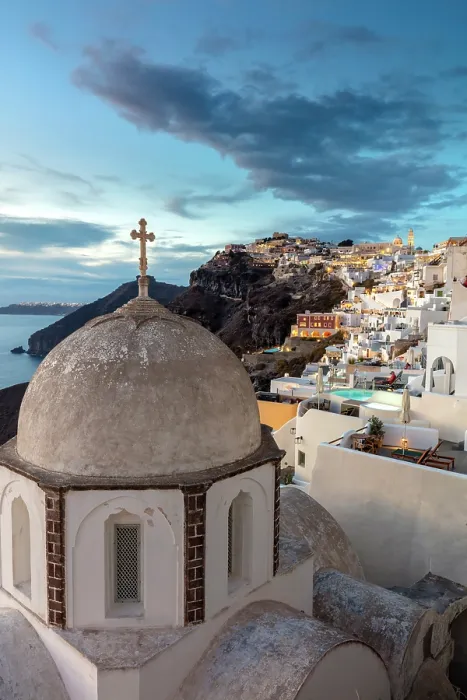 Framed Print : Fira at dusk, with an old domed church in the foreground, Fira, Santorini, Cyclades Islands, Greece, Europe