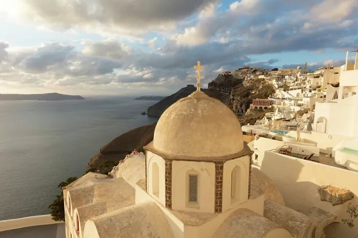 Framed Print : Fira with an old domed church in the foreground, Fira, Santorini, Cyclades Islands, Greece, Europe Framed Print : Fira with an old domed church in the foreground, Fira, Santorini, Cyclades Islands, Greece, Europe