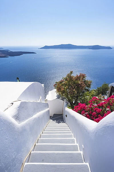 Fira, Santorini, Cyclades Islands, Greece. stairs and terrace to the blue aegean sea