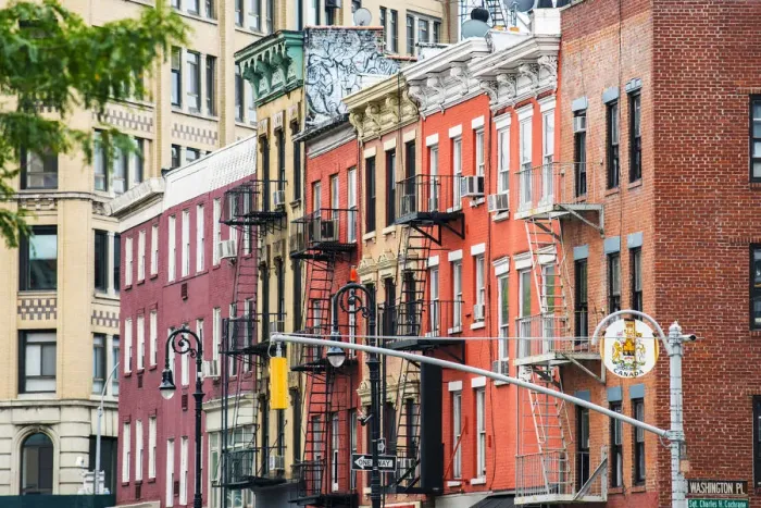 Framed Print : Fire Escapes and building exteriors of in the village, New York, USA Framed Print : Fire Escapes and building exteriors of in the village, New York, USA