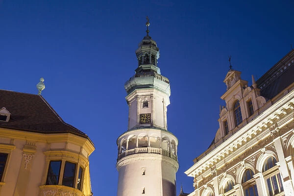 Firewatch Tower in Main Square at dusk, Sopron, Western Transdanubia, Hungary