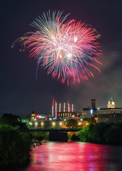Framed Print : Fireworks celebration over Merrimack River, Manchester, New Hampshire, USA Framed Print : Fireworks celebration over Merrimack River, Manchester, New Hampshire, USA