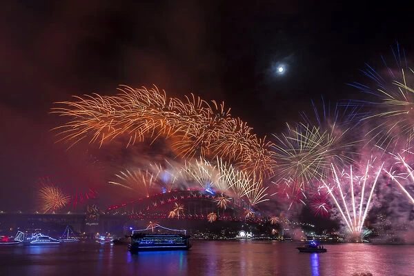 Fireworks over Sydney Harbour Bridge on New Years Eve, Sydney, New South Wales