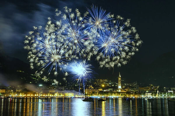 Fireworks during the traditional blessing of the lake, Lecco, Lecco province, Lombardia