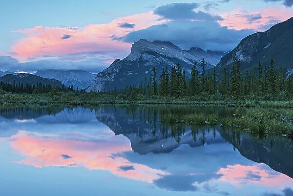 First light on Vermilion Lakes with Mt. Rundle on right, Banff National Park, Alberta, Canada