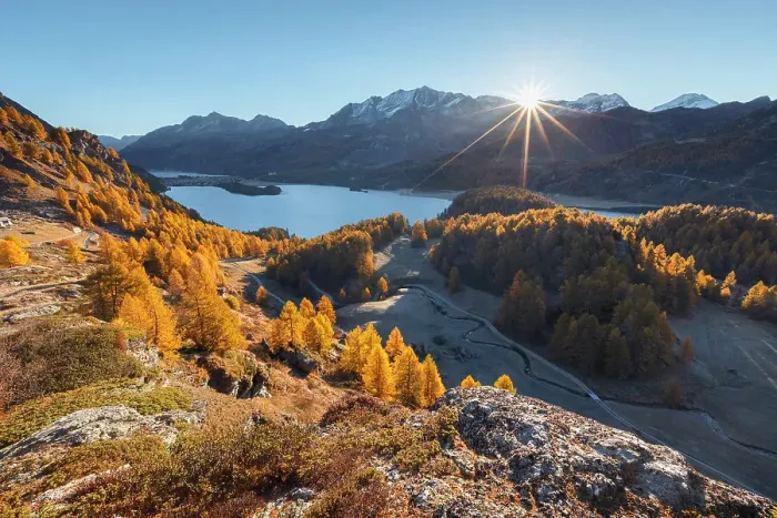 Framed Print : First lights on lake Sils in autumn time, Engadine, Canton of Graubunden, Maloja district, Switzerland Framed Print : First lights on lake Sils in autumn time, Engadine, Canton of Graubunden, Maloja district, Switzerland