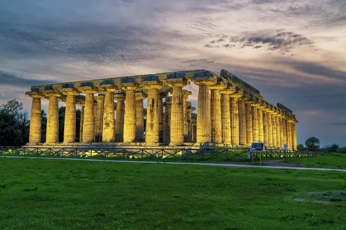 Framed Print : First Temple of Hera lit up at dusk, Paestum, Campania, Italy Framed Print : First Temple of Hera lit up at dusk, Paestum, Campania, Italy