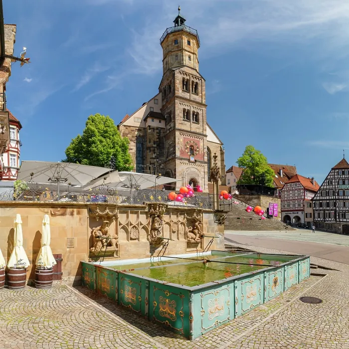 Framed Print : Fischbrunnen Fountain at the Market Square with St.Michaelkirche, Schwabisch Hall, Hohenlohe, Baden -Wurttemberg, Germany