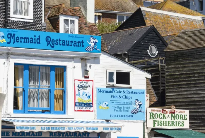 Framed Print : Fish & Chips restaurant in Hastings Old Town, Sussex, England Framed Print : Fish & Chips restaurant in Hastings Old Town, Sussex, England