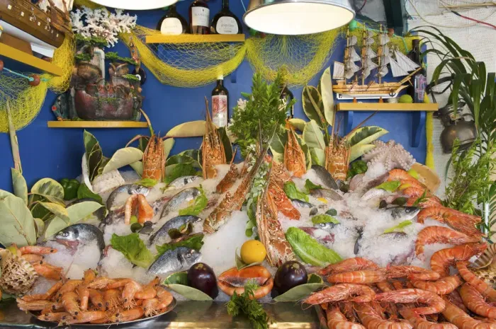Framed Print : Fish and seafood in a tavern in Rethymnon, Crete, Greece Framed Print : Fish and seafood in a tavern in Rethymnon, Crete, Greece