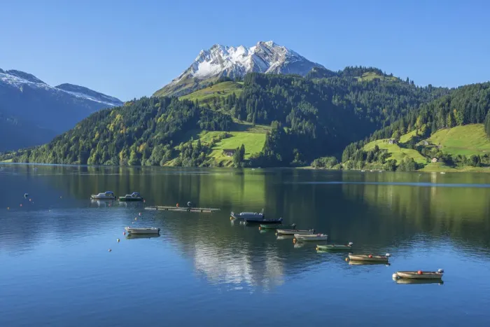 Framed Print : Fisher boats on Lake Wagital with Fluebrig mountain in the Glarner Alps at fall, Innerthal Framed Print : Fisher boats on Lake Wagital with Fluebrig mountain in the Glarner Alps at fall, Innerthal