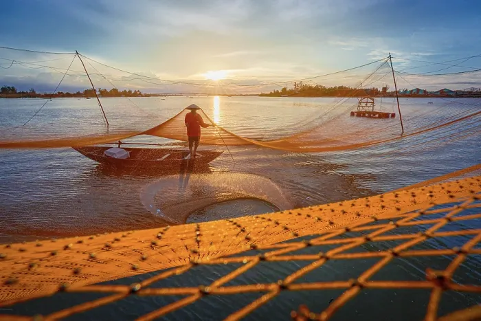Framed Print : Fisherman handling fishing nets on traditional Sampan boat, Hoi An, Quang Nam Province, Central Vietnam. (MR) Framed Print : Fisherman handling fishing nets on traditional Sampan boat, Hoi An, Quang Nam Province, Central Vietnam. (MR)