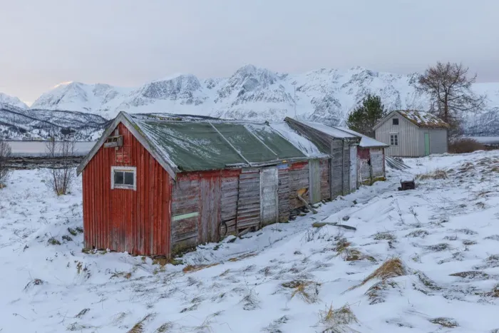 Framed Print : Fishermans houses. Storsteinnes, Balsfjorden, Lyngen Alps, Troms, Norway, Lapland, Europe Framed Print : Fishermans houses. Storsteinnes, Balsfjorden, Lyngen Alps, Troms, Norway, Lapland, Europe