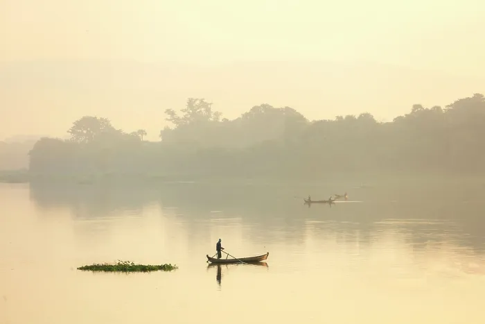 Framed Print : Fishermen on traditional boats at dawn, Taungthaman Lake, Amarapura, near Mandalay, Myanmar (Burma), Asia