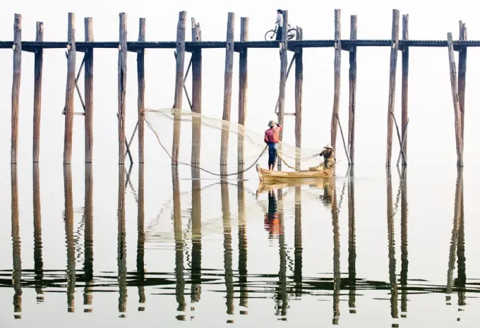 Framed Print : Fishermen next to the U Bein Bridge, a 1 Framed Print : Fishermen next to the U Bein Bridge, a 1