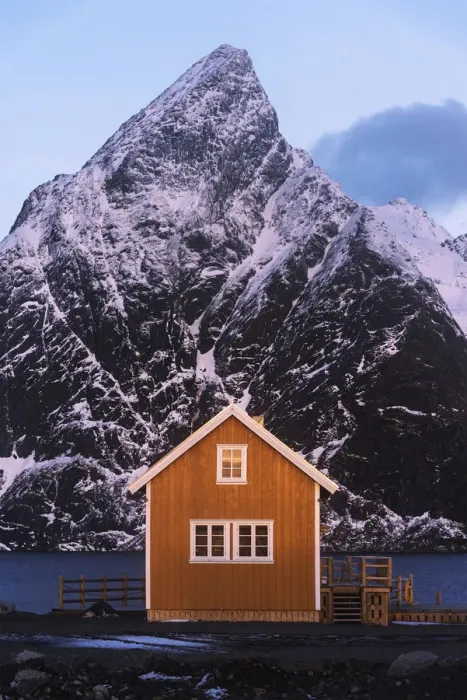 Framed Print : Fishermens cabin (rorbu) of Sakrisoy along the coast at sunrise in the Lofoten Framed Print : Fishermens cabin (rorbu) of Sakrisoy along the coast at sunrise in the Lofoten