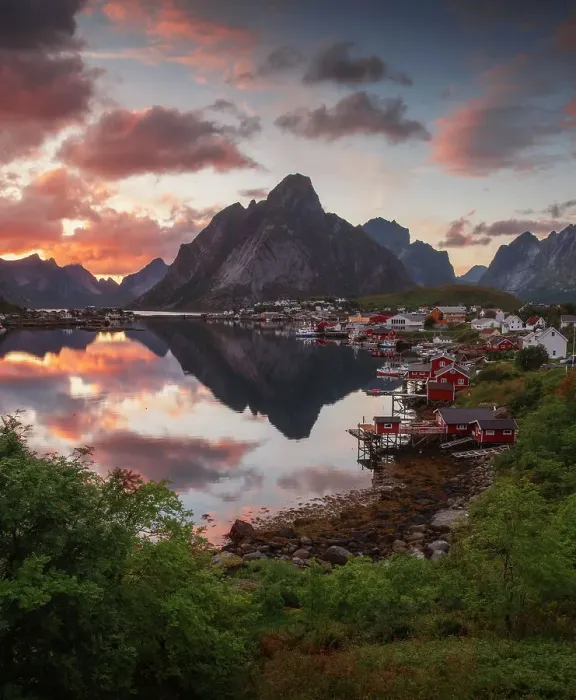 Framed Print : The fishermen's village of Reine and its fjord on a calm summer evening taking the last light of the day. Lofoten Islands, Norway