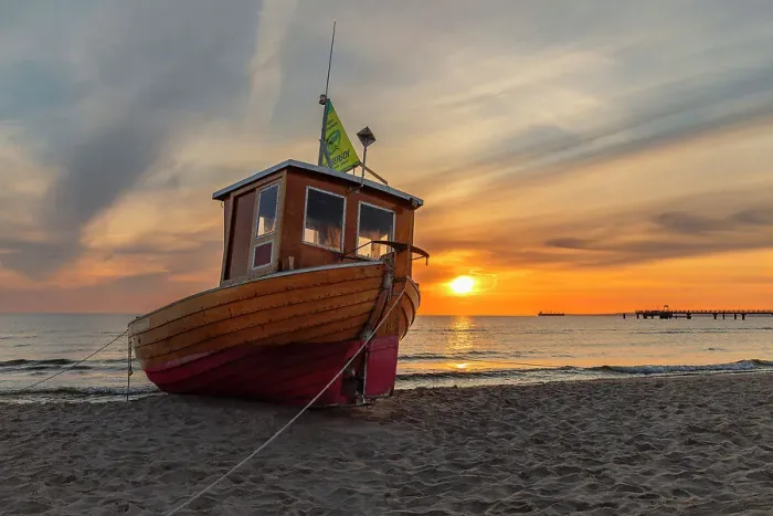 Framed Print : Fishing boat at the beach of Ahlbeck, Usedom Island, Baltic Sea, Mecklenburg-Western Pomerania, Germany