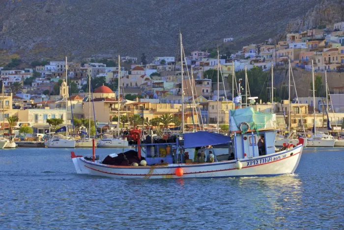 Framed Print : Fishing Boat In Harbour At Pothia, Kalymnos, Dodecanese, Greek Islands, Greece, Europe Framed Print : Fishing Boat In Harbour At Pothia, Kalymnos, Dodecanese, Greek Islands, Greece, Europe