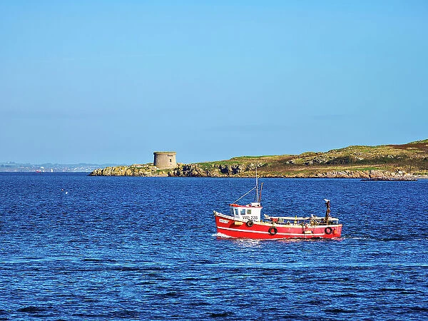 Fishing boat and Ireland's Eye Island, Howth, County Dublin, Ireland