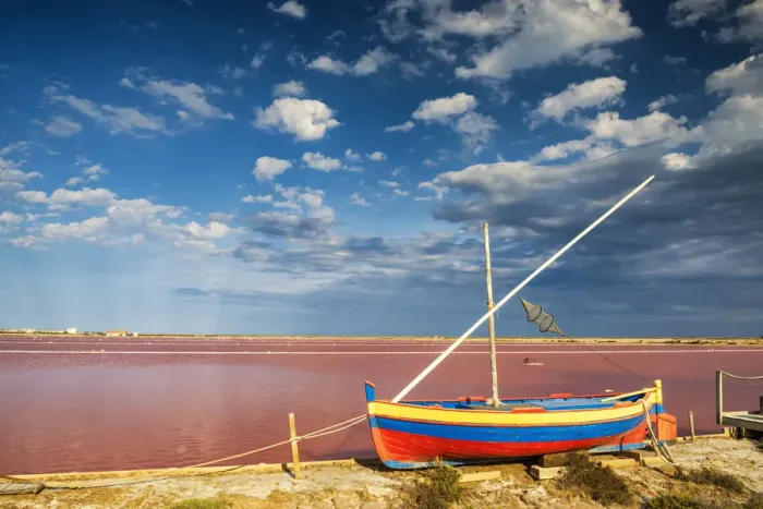 Framed Print : Fishing Boat & Salt Pan, Gruissan, Languedoc, France