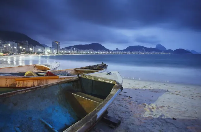 Framed Print : Fishing boats on Copacabana beach at dusk, Rio de Janeiro, Brazil Framed Print : Fishing boats on Copacabana beach at dusk, Rio de Janeiro, Brazil